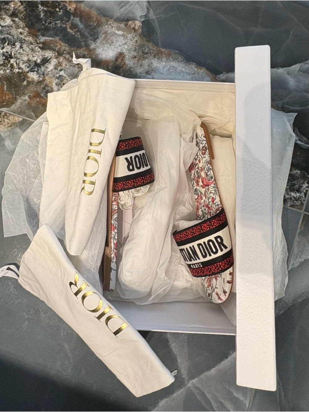 Dior White Slide Sandals with Red Floral Print and Black Logo Strap - Picture 8 of 9